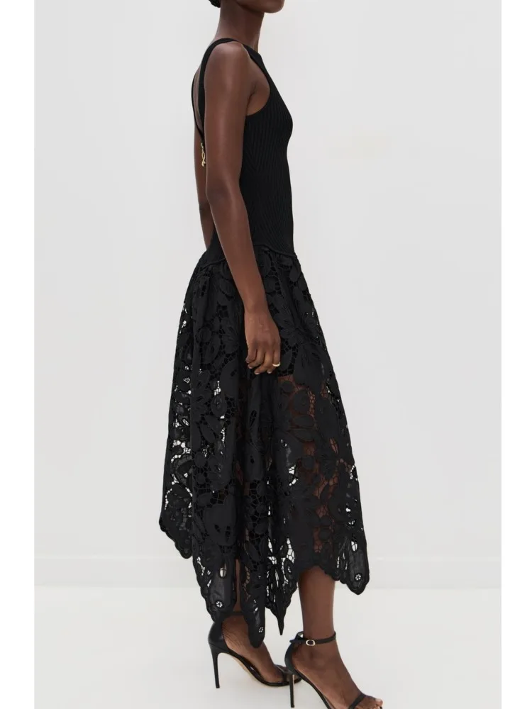 Abito da donna con cerniera e cuciture con cinturino Primavera e autunno Abiti da festa per le vacanze a vita alta in pizzo stile casual allentato tinta unita