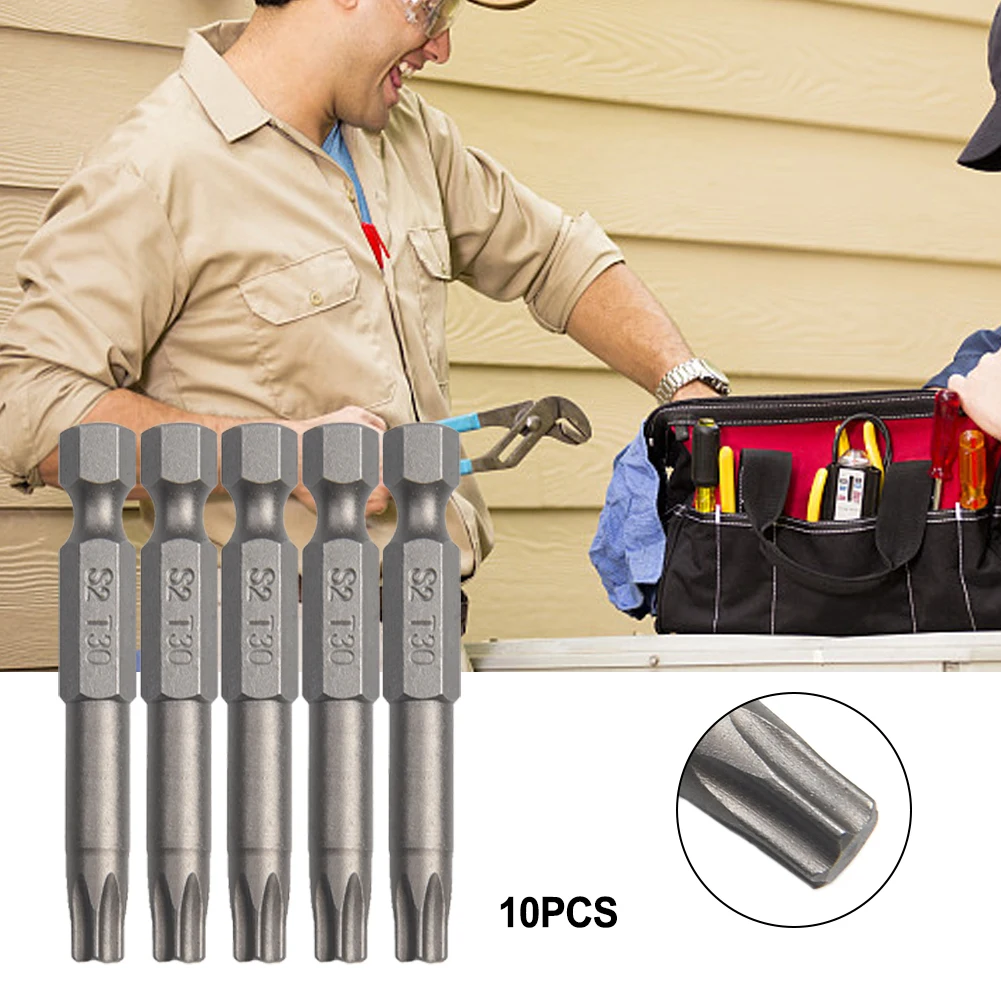 ​10pcs 50mm T30 Screwdriver Bit Magnetic Torx Screwdriver Bits 1/4in Hex Shank Head Screw Driver Drilling Bit Hand Tools Sets