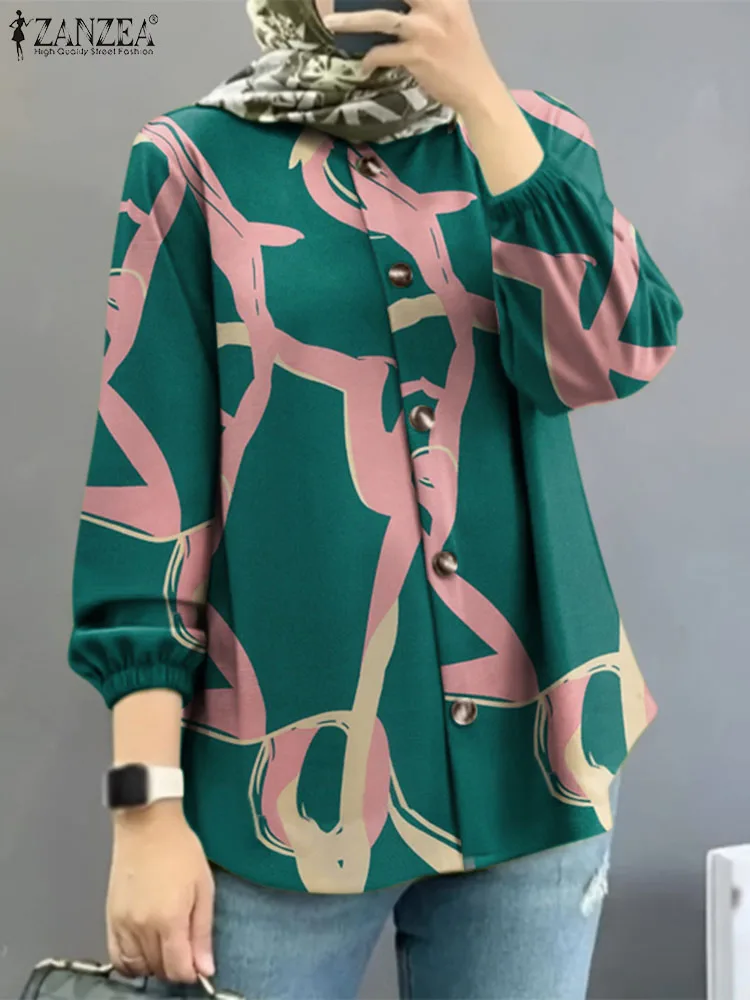 Fashion Long Sleeve Printed Blouse ZANZEA Women Muslim Tops Vintage Floral Shirt Casual Buttons Down Blusas Mujer Ramadan Abaya