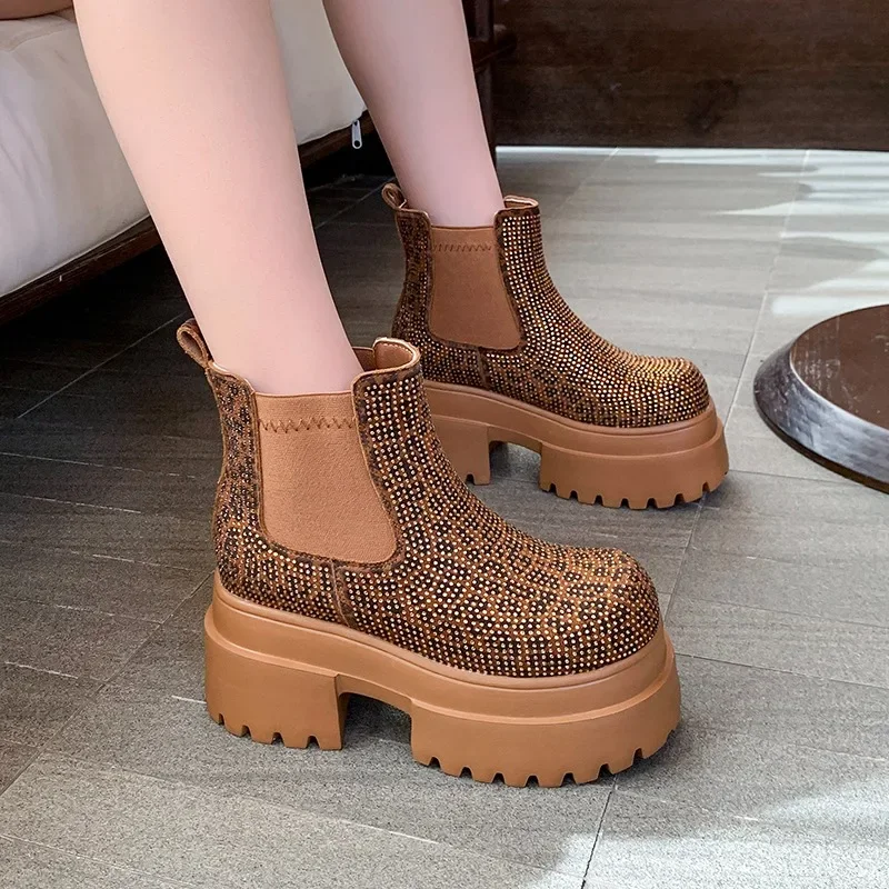 2026 New Trend Rhinestone Leopard Print Women Ankle Boots Fashion Splicing Thick Soled Outdoor Casual Round Toe Women Boots