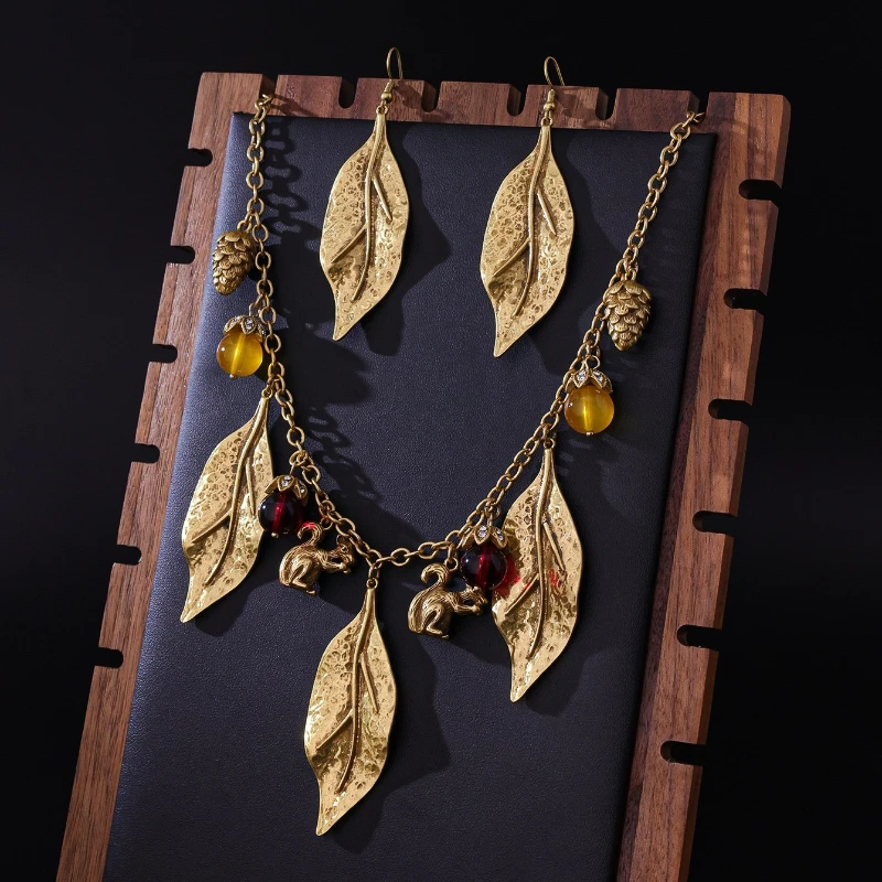 Vintage Glass Squirrel Pinecone Leaf Necklace Earrings Set Women Nature Jewelry Gift