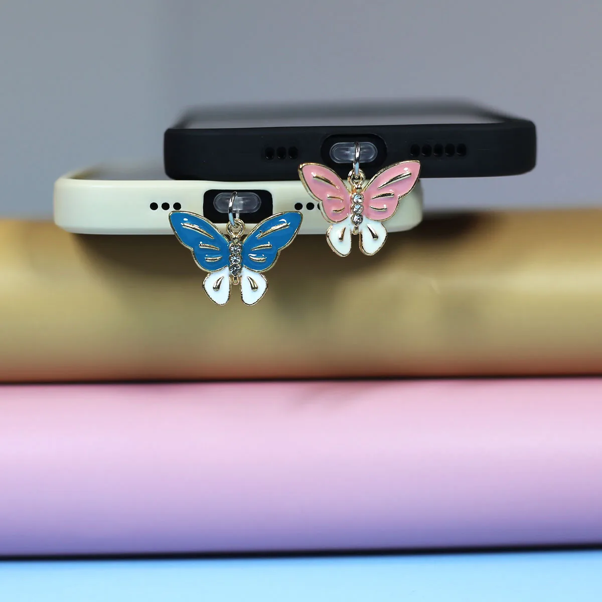 Phone Dust Plug Pendant Beautiful Butterfly Blue Pink Artificial Diamond Phone Accessory For Iphone For Samsung Type-C Dust Plug