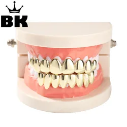 THE BLING KING 14K Gold Plated Polished Grillz Set Top&Bottom 8 Teeth Halloween Mouth Copper Caps For Hip Hop Party Performance