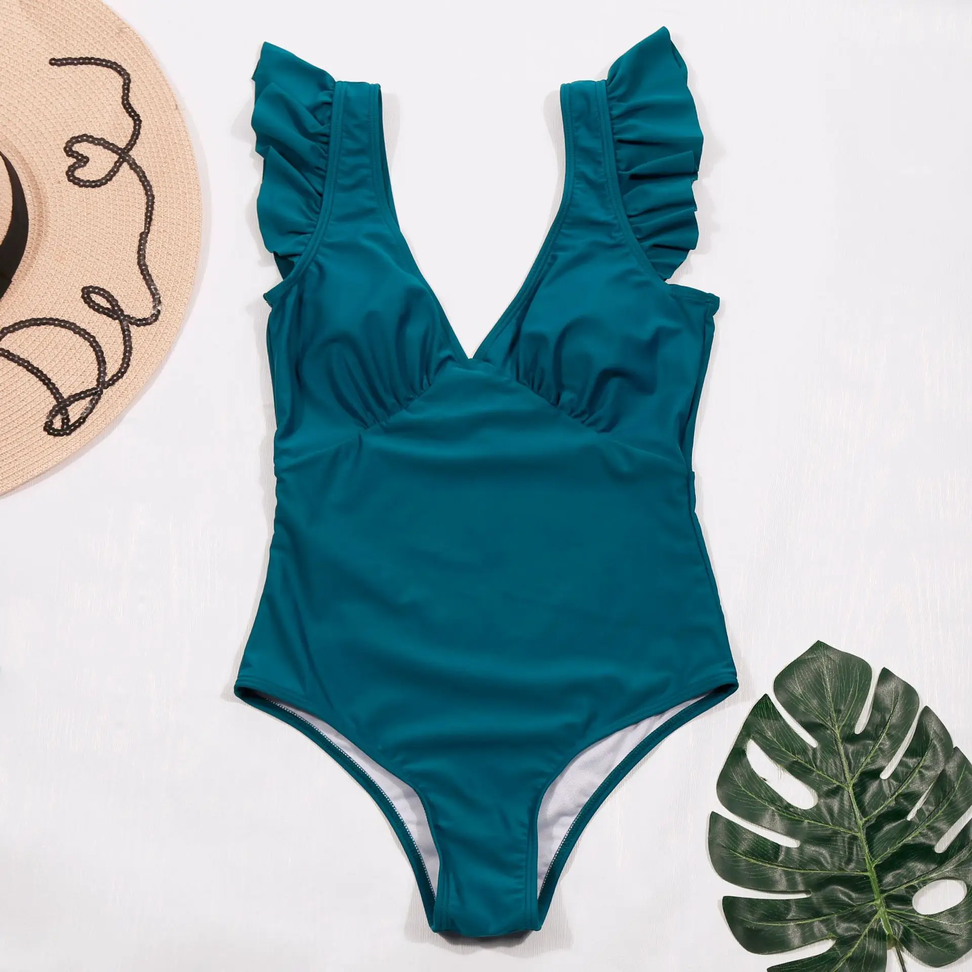 2023 Sexy Ruffled One Piece Swimsuit Women Solid Deep V-neck Halter Swimwear Women Monokini Female Bodysuit Beach Bathing Suit