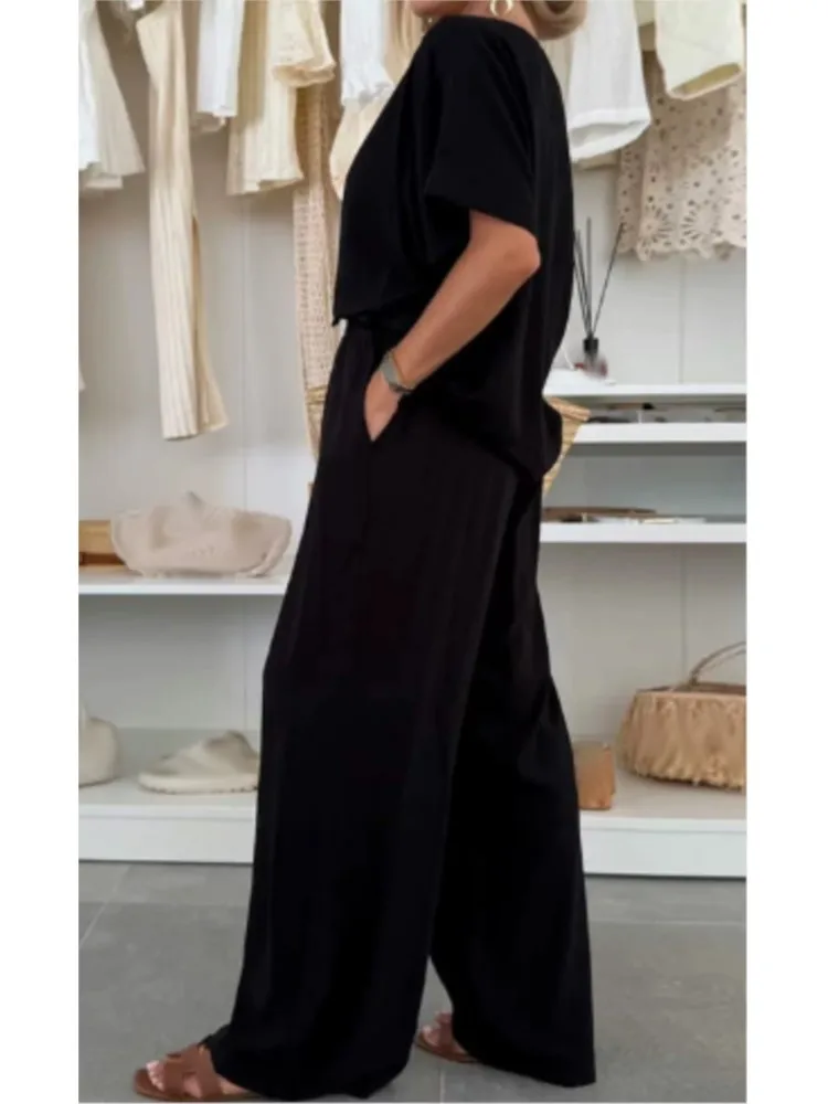 Frauen Fashion Solid Set Casual Kurzarm O Neck T Shirt Tops + Hohe Taille Breite Bein Hosen 2 stück Sets Streetwear Kleidung Neue