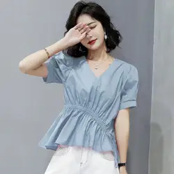 Casual Short Sleeve Elastic Waist Lace-up Shirt for Women's Summer Simple Elegant Age Reduction Commuting Trendy Versatile Top