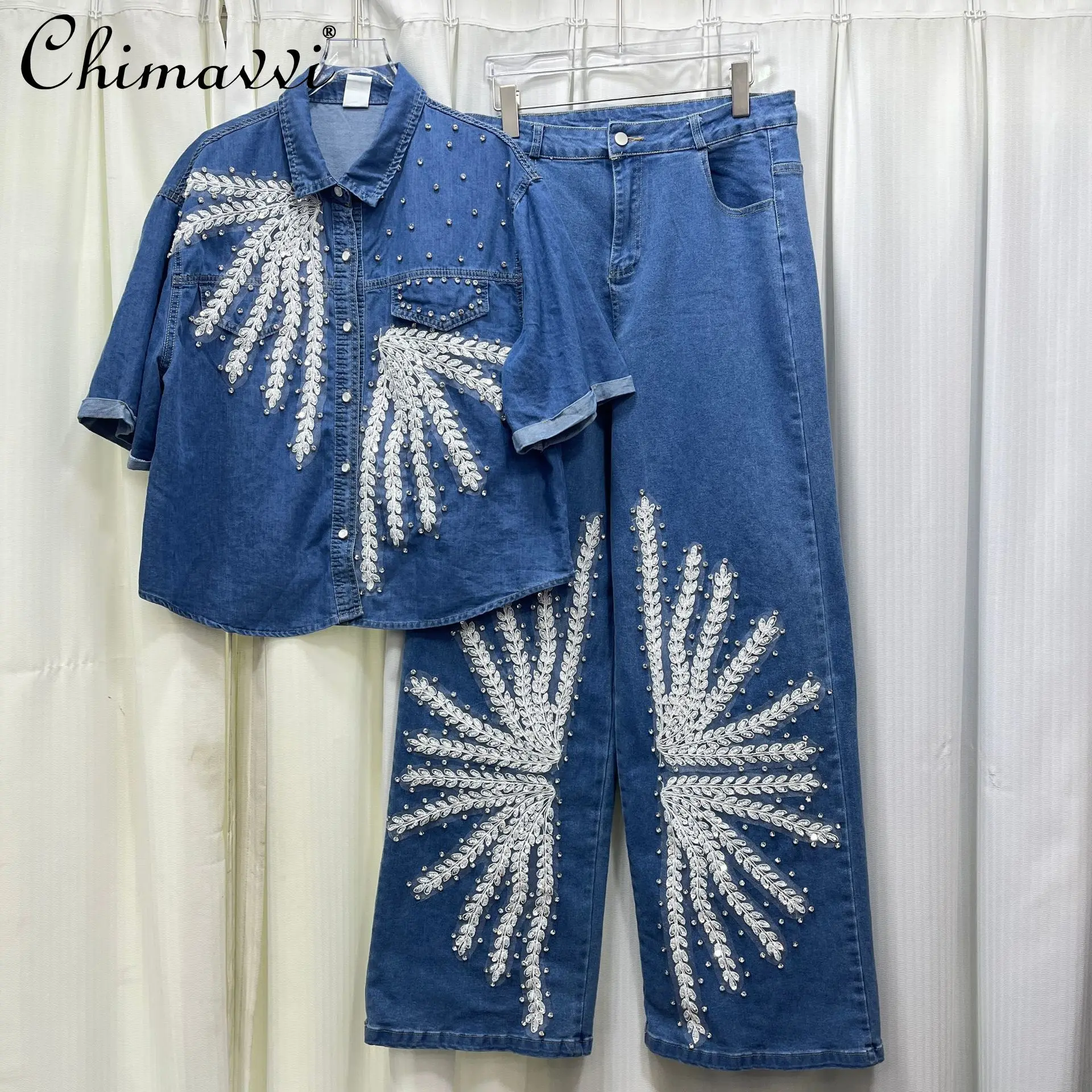 

Spring and Summer Heavy Fashion Wheat Embroidery Denim Suit Women's Retro Design Short Sleeve Shirt Loose Pants Two-piece Set
