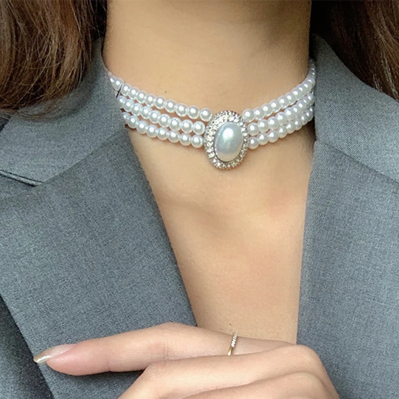 Uilz 2023 New Trend Luxury Vintage Three-layer Simulated Pearls Jewelry Set for Fashion Woman's Choker Necklace Wedding Jewelry