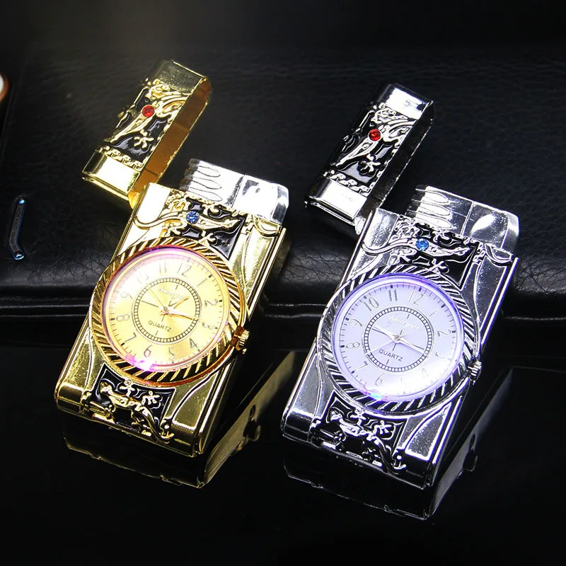 Creative Clock Watch Quartz Lighter Gas Compact Butane Jet Torch Cigarette Cigar Straight Fire 1300C Turbo Lighter Men Gift