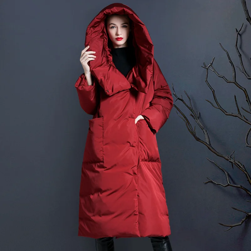 

2023 New Down Coat Women's Mid length White Duck Fleece Hat Loose Thickened and Slim Winter Commuter Korean Edition Coat