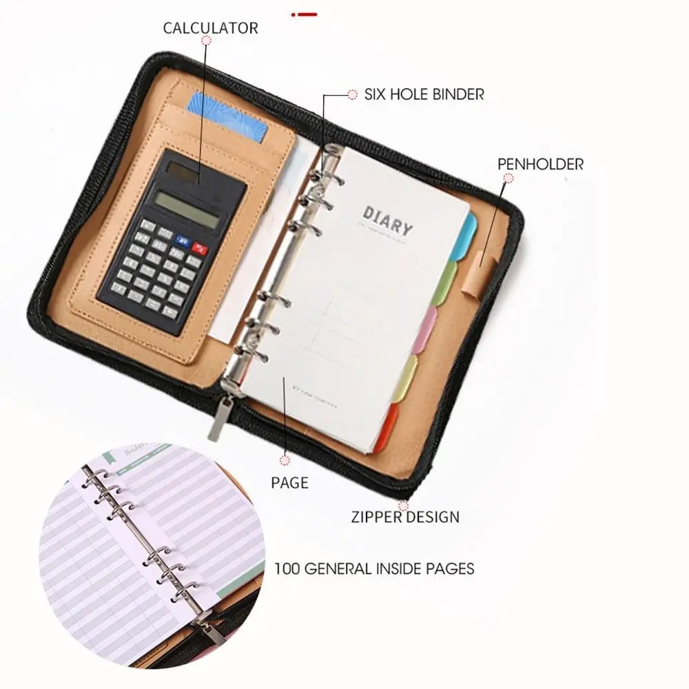 6-Ring File Folder A6 PU Leather Portfolio Binder Cover Zippered Closure Card Holder Loose Leaf Notebook Office Supplies