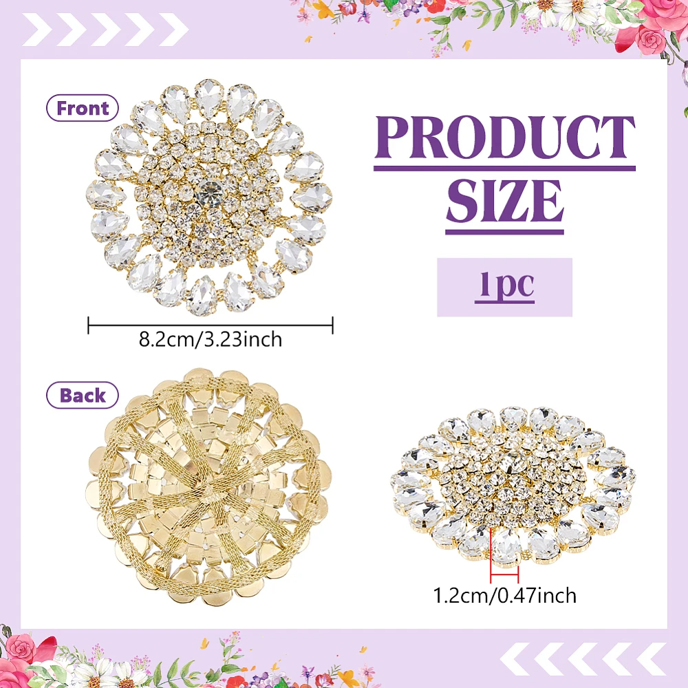 Round Rhinestone Applique 3.23inch in Diameter White Retro Applique with Light Gold Brass Base Sew On Floral Rhinestone Patch