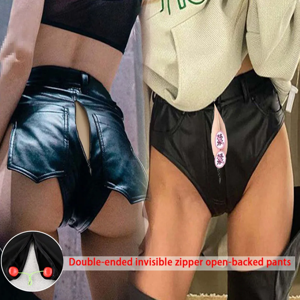 

Invisible Double-Headed Zipper Open Crotch Pants Leather Shorts Women's High Waist Pu Shorts Stretch Tight New Sexy Hot Pants