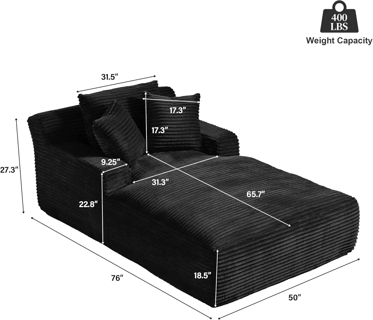 Espreguiçadeira interna, 50 "L x 76" D Espreguiçadeira de veludo de pelúcia sem desossado com encosto engrossado e assento alto profundo confortável