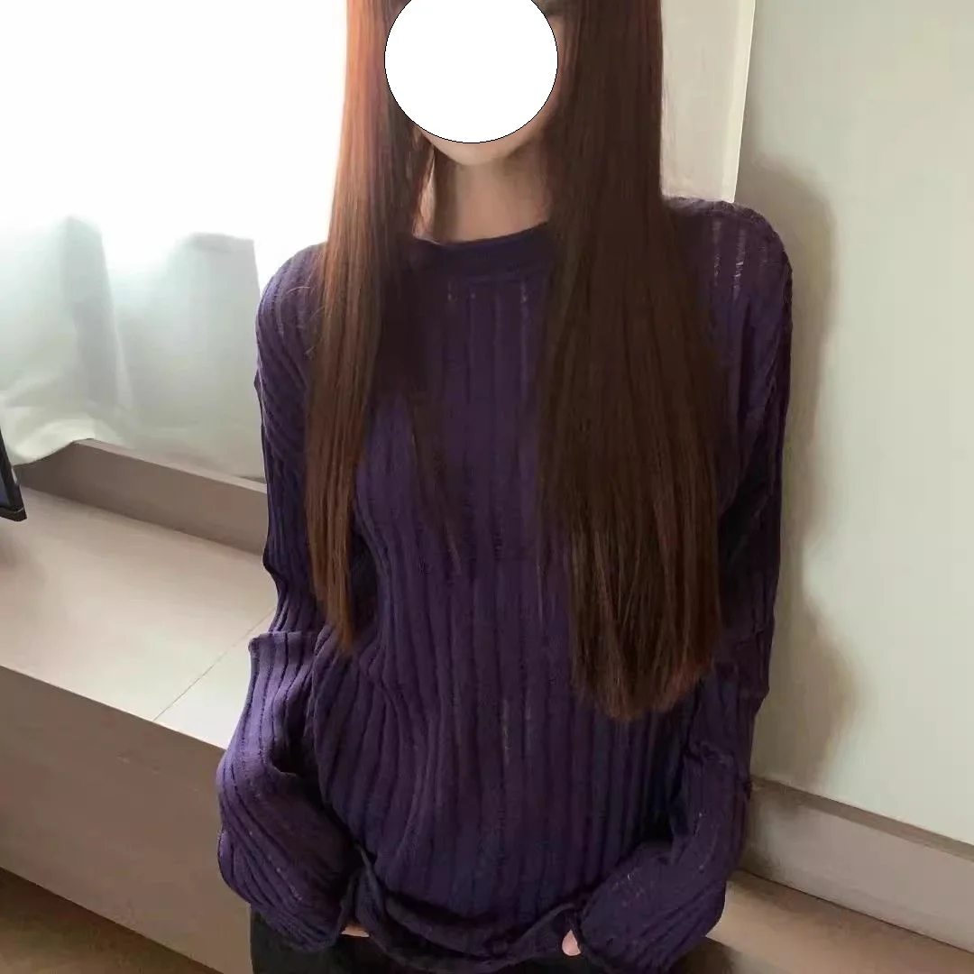 Vintage round Neck Long Sleeve Knitted Hollow out Women's Top Breathable Base Shirt Lazy Design Purple Color Commute Style