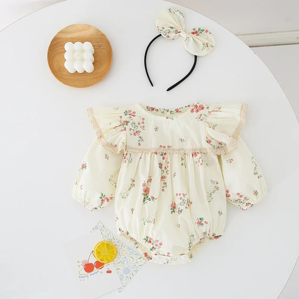 Spring 2024 ins baby girl rompers lace flower printed loose infant girls jumpsuit ruched long flying sleeve toddler girls dress