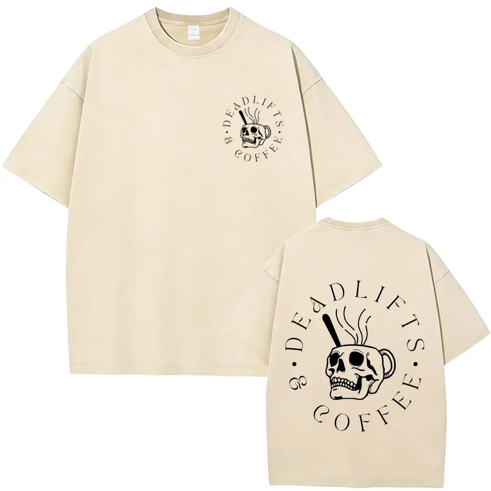 

Deadlifts Coffee Skeleton Vintage Washed T Shirt Men Women Fashion Gym Fitness Short Sleeve Tshirt Male Retro Oversized T-shirts