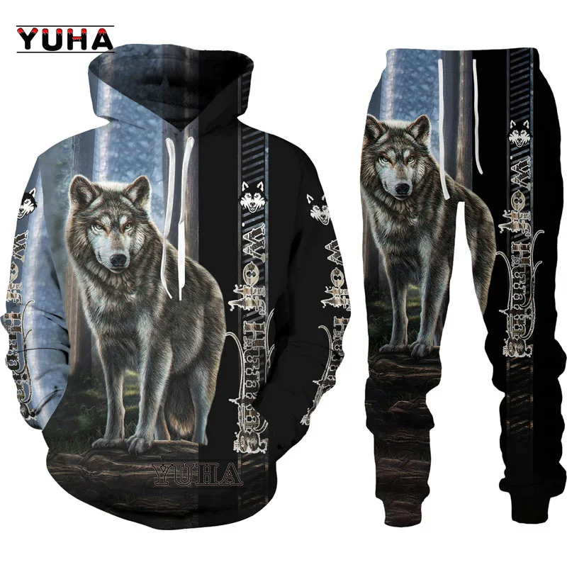 Autumn and Spring Wolf 3d Printed Hoodie Pants Suit Male Casual Sweashirt Pullover Men Tracksuit Set Fashion Men\'s Clothing Suit