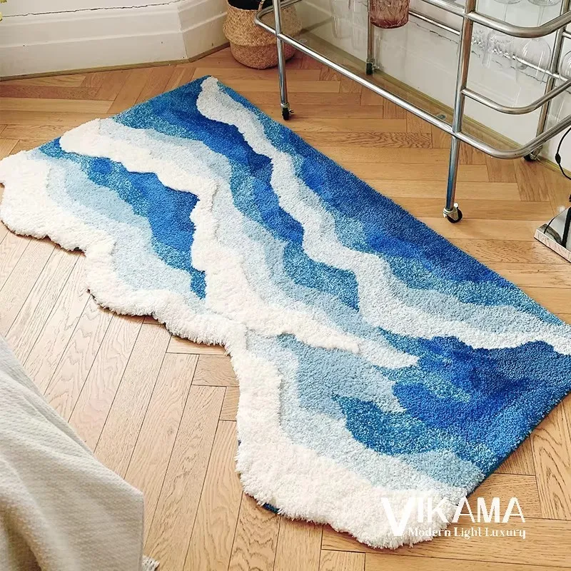 VIKAMA Aesthetic Light Luxury Carpet Wave Blue Ocean Home Decoration Children's Room Bedside Comfortable Soft Plush Floor Mat