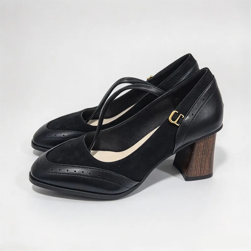 French Square Toe Spliced One Strap High Heels Fashion Block Heel Single Shoes