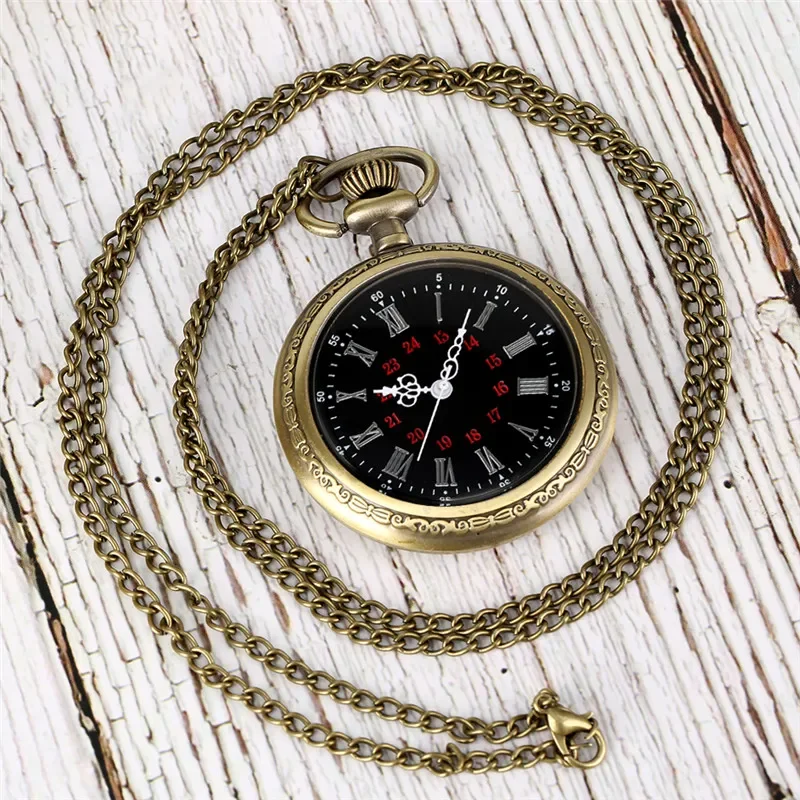 Antique Style Clock Men Women Quartz Movement Pocket Watch with Roman Numeral Dial Necklace Pendant Chain Open Face Timepiece