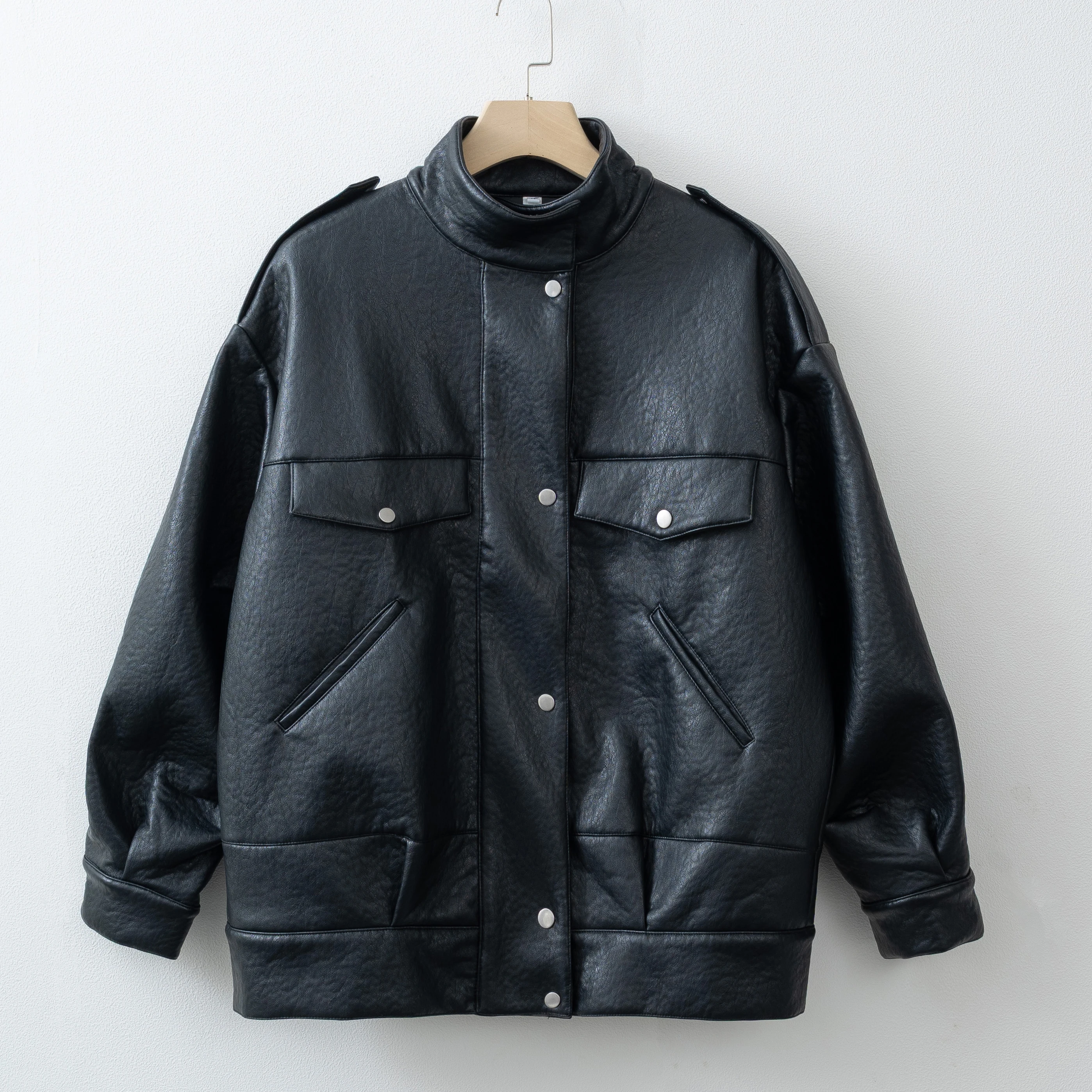 Women's Oversized Faux Leather Bomber Jacket with Stand Collar