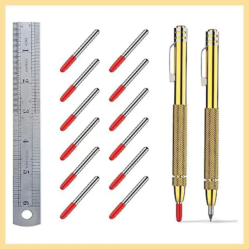 

2 Pack Tungsten Carbide Scriber With Magnet,With Extra 12 Replacement Marking Tip And 6-Inch Ruler,For Metal Sheet.