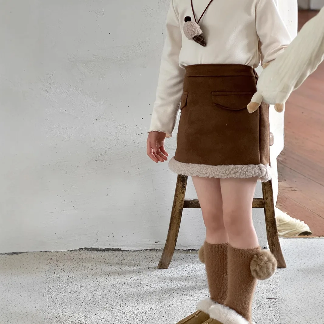 2024 Winter New Children's Clothing Girls Fur Integrated Skirt Children's Deerskin Wool Lamb Wool Skirt Short Skirt