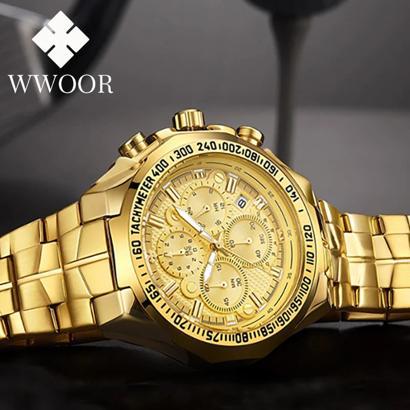 

WWOOR Fashion Sport Chronograph Watch For Men Top Brand Luxury Gold Quartz Men's Watches Stainless Steel Waterproof Wrist Watch