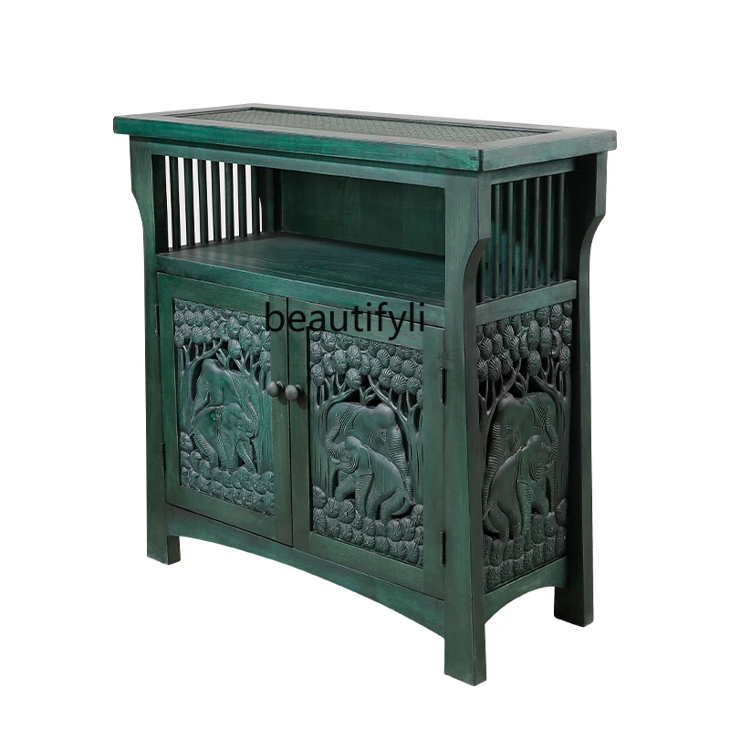 

Southeast Asian Solid Wood Entrance Cabinet Thailand Elephant Carved Peacock Blue Locker