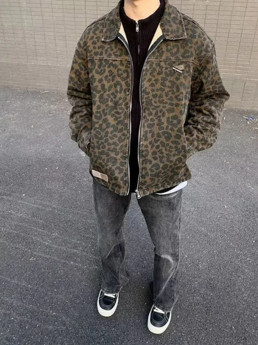 Men's Vintage Leopard Print Baseball Jacket Cleanfit Utility Coat for Spring Autumn Retro Zipper Casual Outerwear