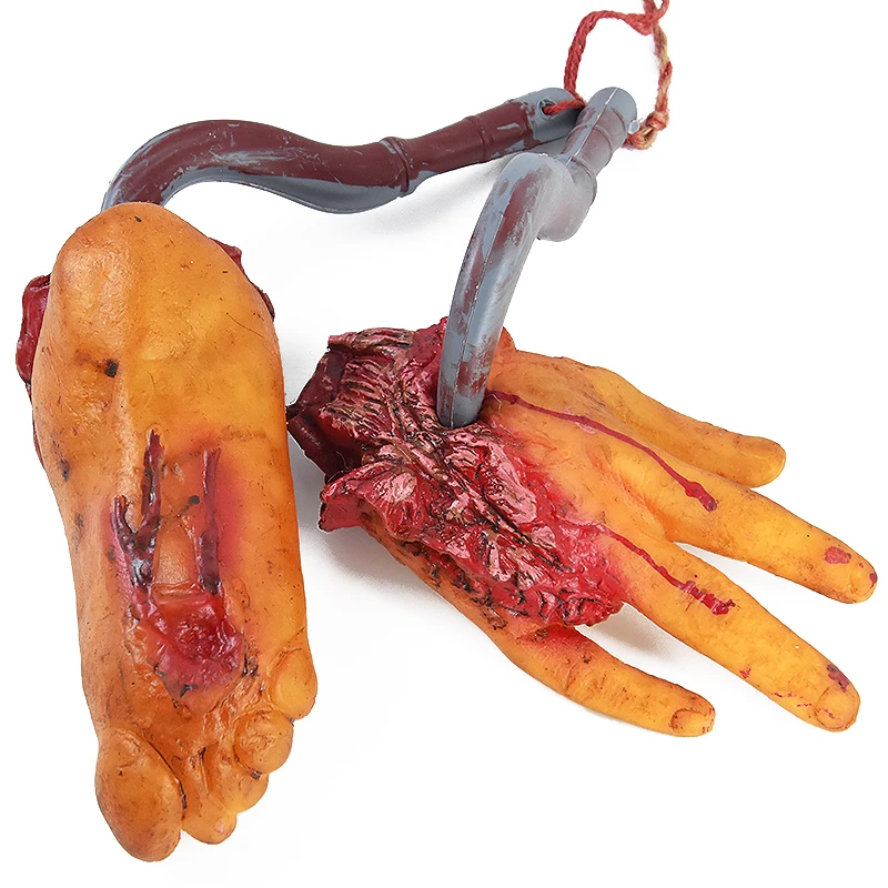 

Halloween Horror Hanging Prop Severed Bloody Foot With Hook Fake Blood Hand Feet Party Hanging Ornament Haunted House Organ Prop