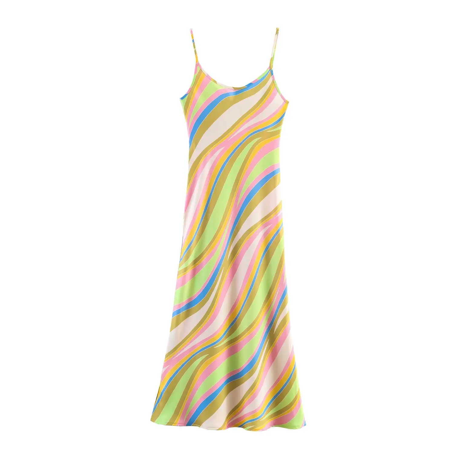 TFMLN Damen-Kleid mit gestreiftem Spaghetti-Träger, ärmellos, rückenfrei, Regenbogen-Print, Strandkleider, neues Sommer-Party-Chic-Damen-Outfit – Detail 2