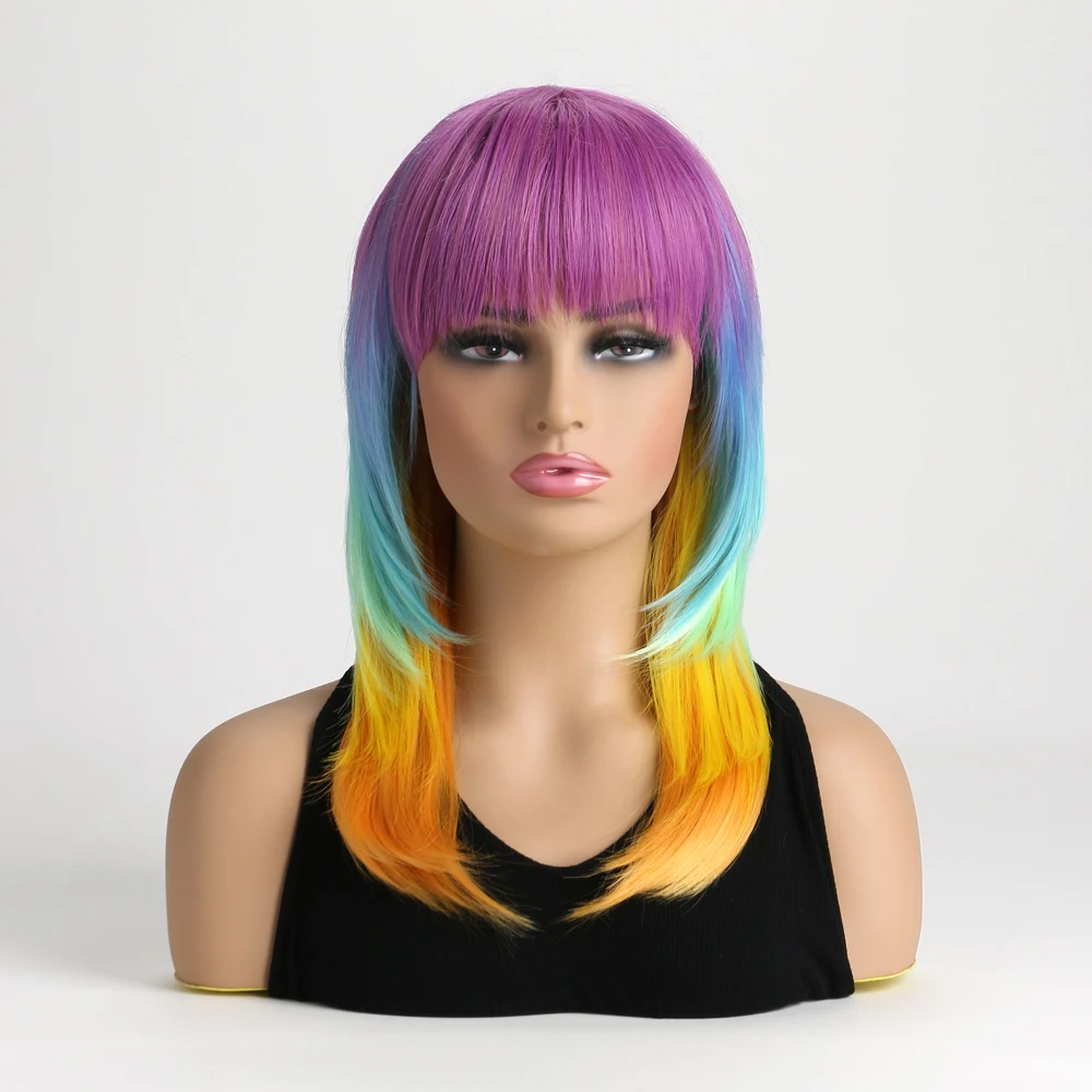 16 Inch Synthetic  Short Bobo  Rainbow Wig With Bangs For Women Perfect For Halloween Birthday Costume Party Or Daily Use