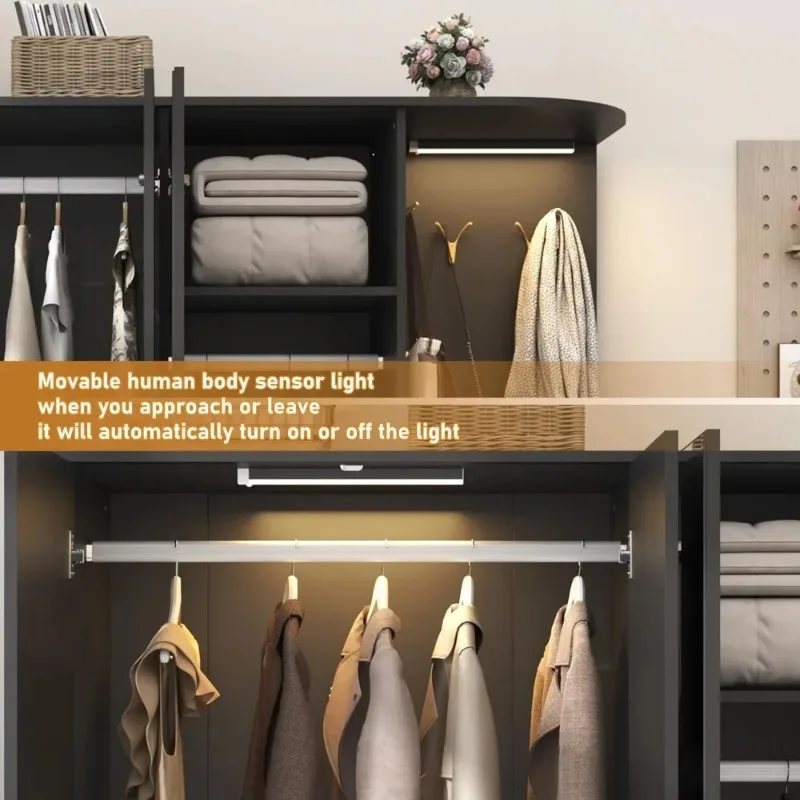 Armoire Wardrobe Closet with Mirror & Sensor Light, Bedroom Armoire with 5 Doors & 2 Drawers, Modern Wooden Large Wardrobe