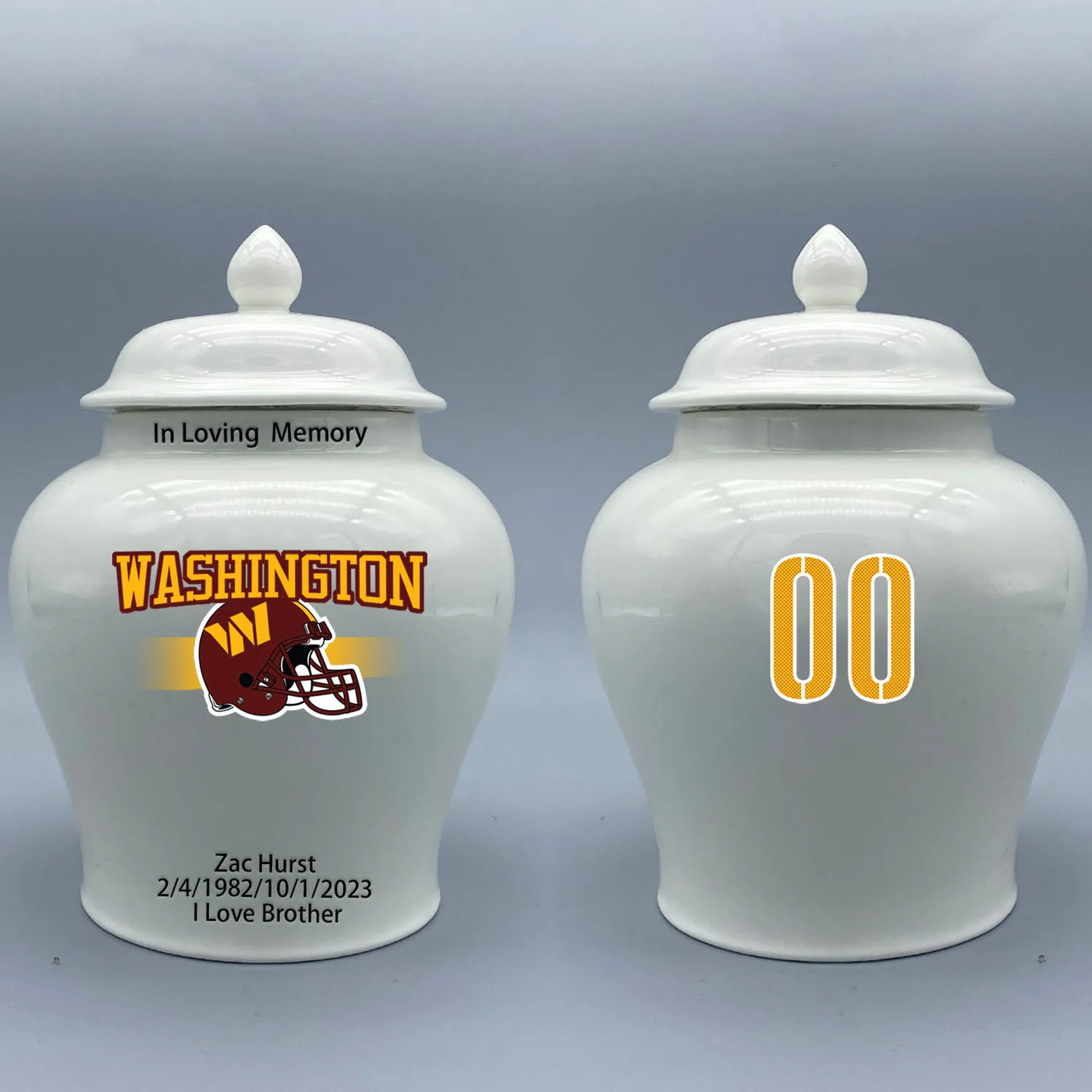 

Medium Urn for Washington Commanders-themed Logo Urn.Please send me the customize information-name/date and number on the urn