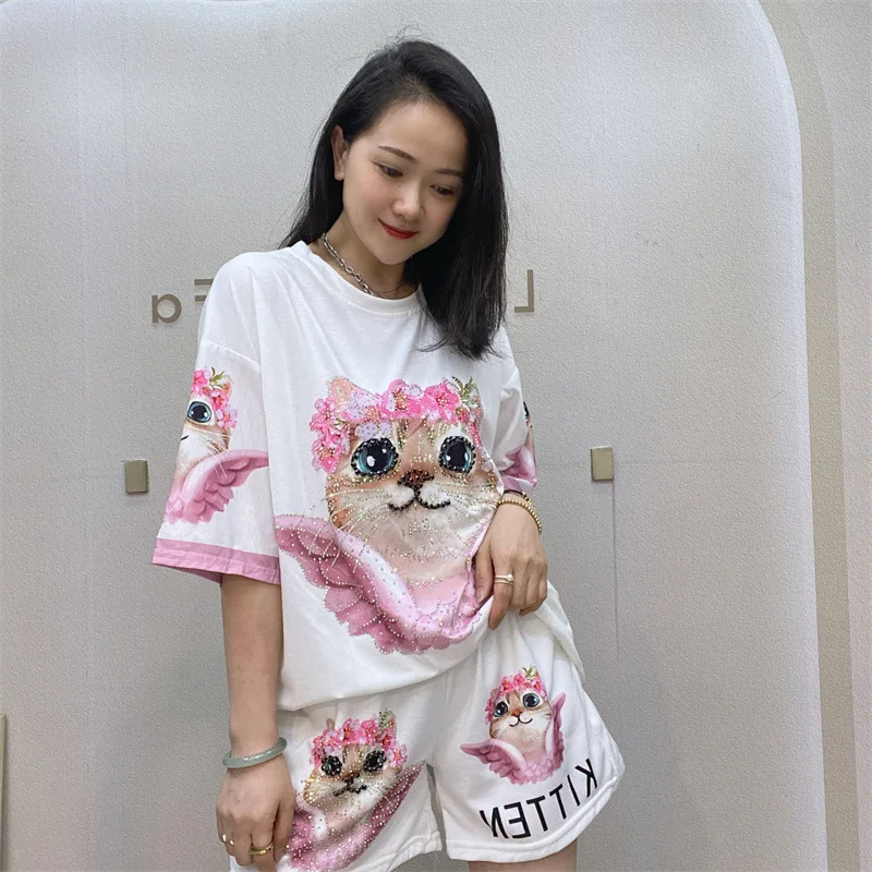 2024 Summer New Shorts Set Female Cat Print Cartoon Crew Neck Short Sleeve T-shirt and Shorts Two Pieces Sets Women Outifits