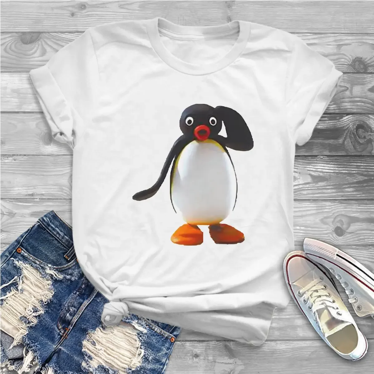 Pingu Penguin Anime Surprised Tshirt Girl Tops Goth Summer Polyester Streetwear Femmes Harajuku T Shirt