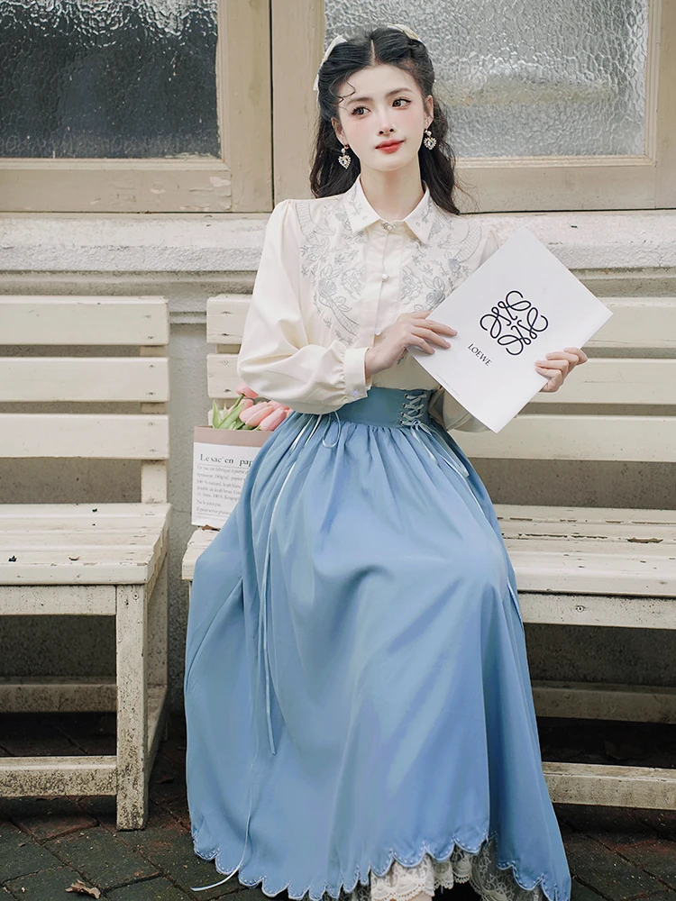 Original Design Two Piece Skirt Set Women Spring Autumn Embroidery Shirt and Lace Patchwork Long Skirts Outfits