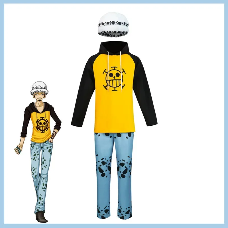 

Anime Trafalgar D. Water Law Cosplay Costume Splicing Sleeves Yellow Hooded Sweater Hat Adult Man Halloween Carnival Suitx;2'a,6