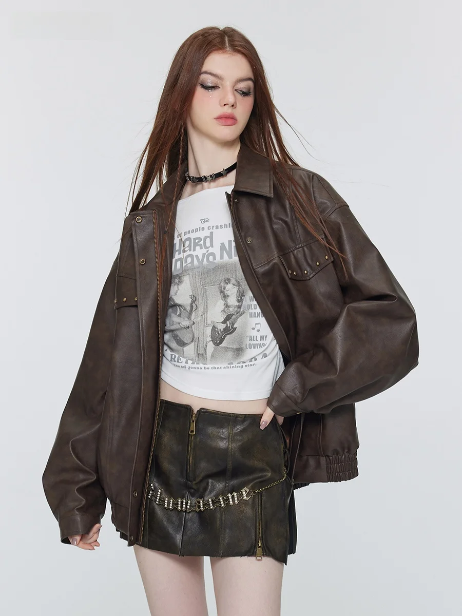 

Осень-зима ort Jaet, кожаная женская рабочая одежда в американском стиле ретро, байкерское пальто на молнии, длинное пальто обычного кроя