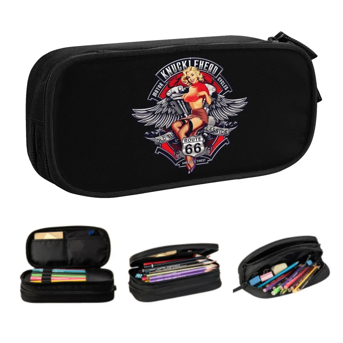 Custom Vintage Route 66 Mother Road Cute Pencil Case Large Capacity Biker America Highway Pencil Pouch Students Stationery