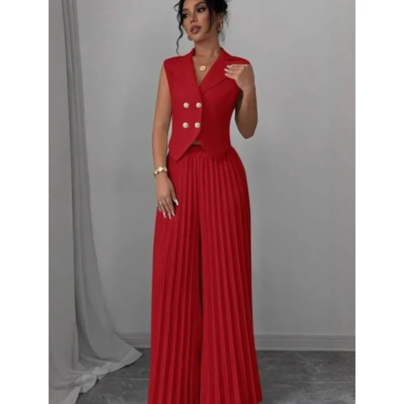 

2025 New Fashion Elegant Two-piece Sets Women's Spring Summer Solid Vest Pleated Skirt Wide-leg Pants Suit Office Ladies Commute