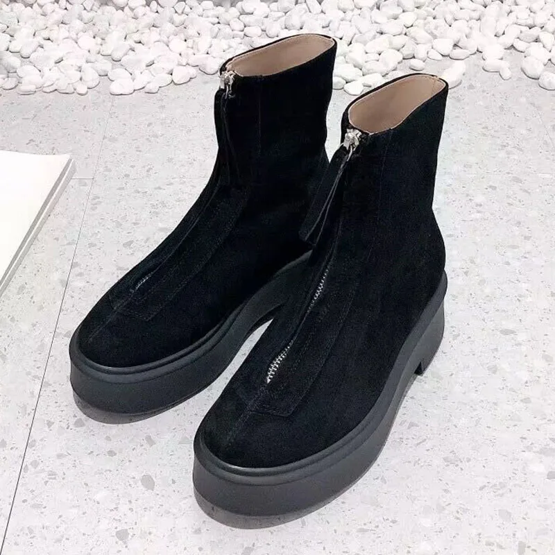 Women Flat Thick Bottom Short Boots Kid Suede Round Toe Front Zipper Design Ankle Botas Ladies Autumn Winter Riding Boots 2025