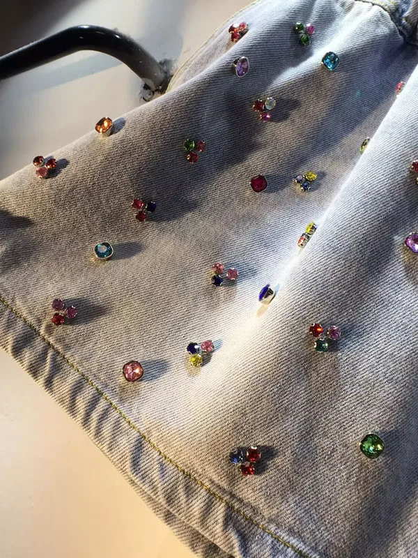 2025 Summer New Heavy Industry Diamond Bead Colored Diamond Drawstring High Waist Thin Denim Wide Leg Shorts Women
