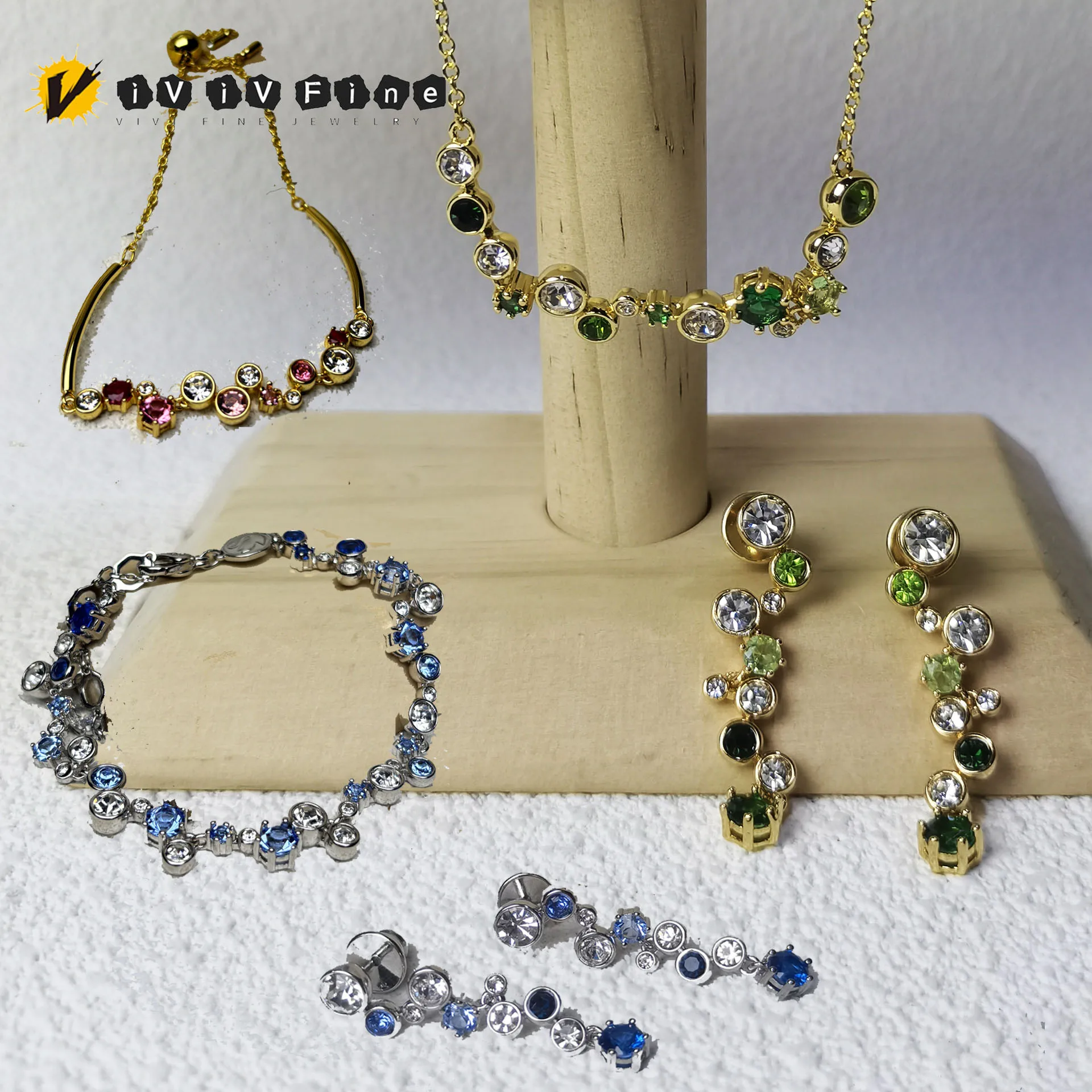 

Original Candy Green Crystal Dazzling for Women Necklace Earrings Bracelet Ring Fashion Stainless Steel Jewelry Set Party Gift