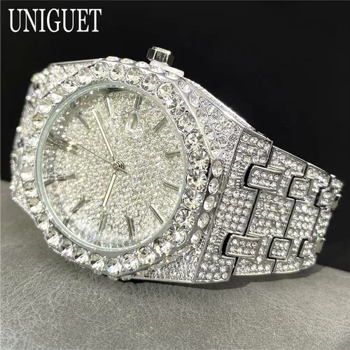 Imagen 2 del producto 2025 nueva marca de lujo UNIGUET Iced reloj para hombres moda Hip Hop diamante impermeable reloj de pulsera de acero inoxidable masculino Dropshipping