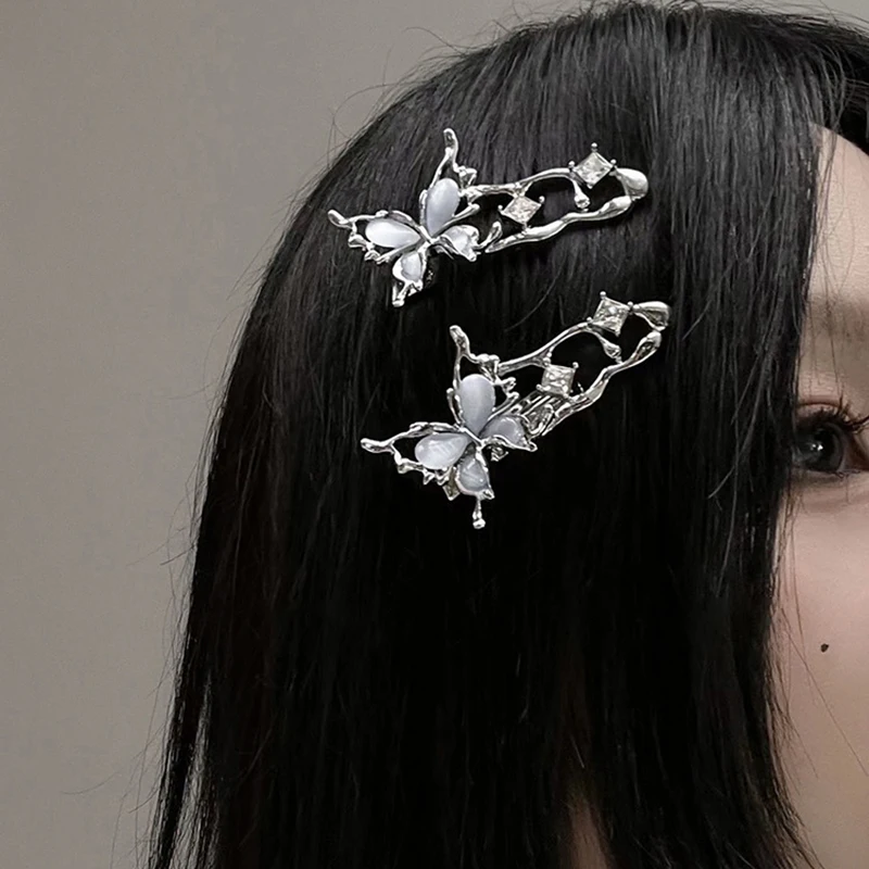 1Pcs Irregular Liquid Metal Hairpin Butterfly Zircon Hair Clips Girl Fashion Silver Bang Clip For Women Hair Accessories