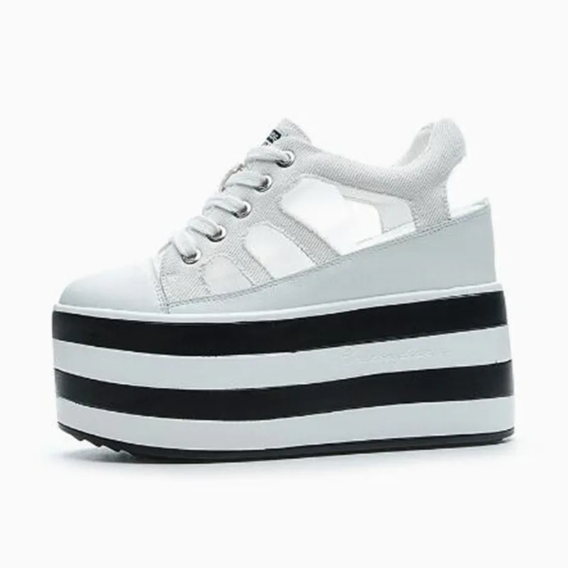 High Quality 12cm Platform Wedge Canvas Sandals for Women Sneakers Fashion Summer Shoes Hollow Cut Genuine Leather Sneaker 2026