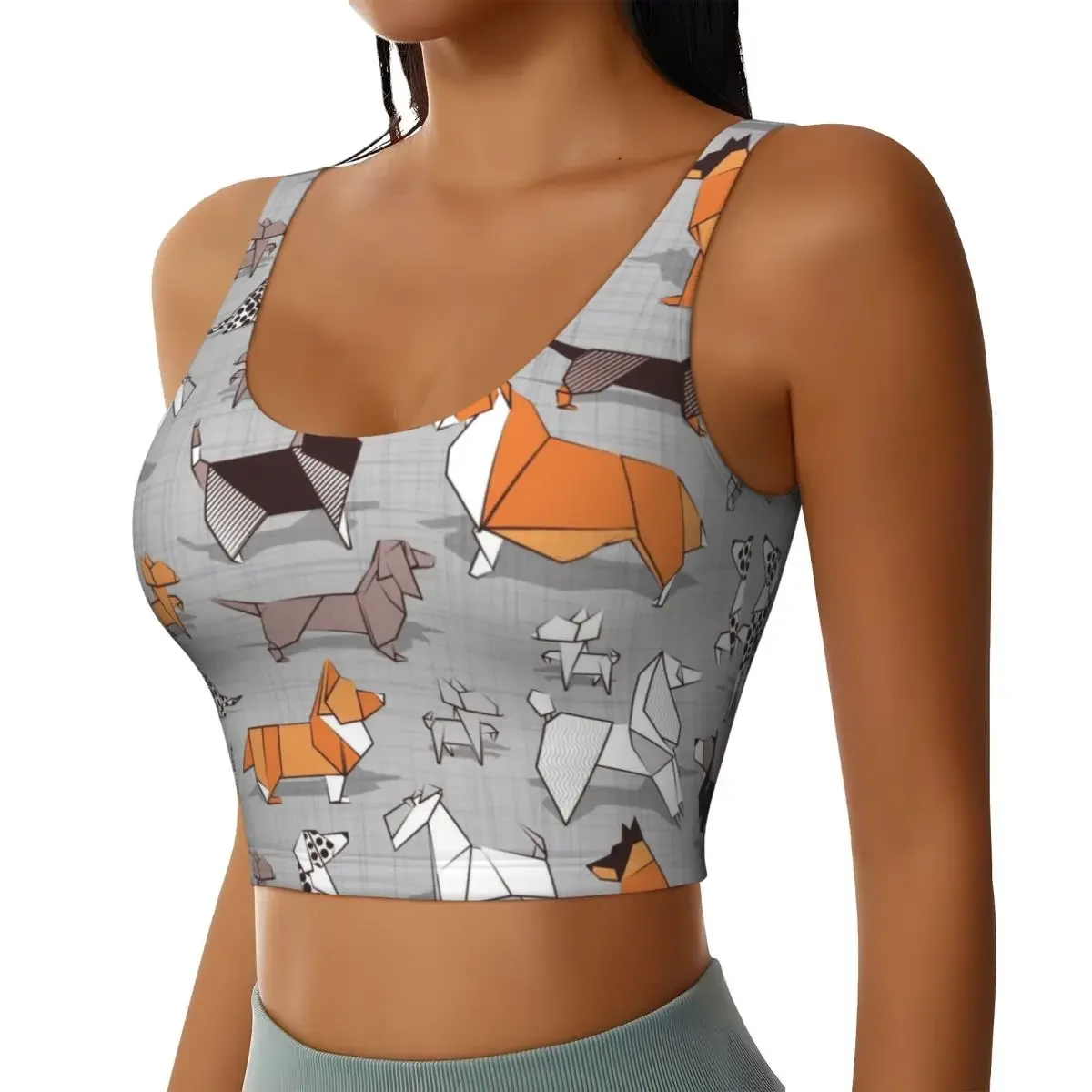 Custom Origami Doggie Friends Workout Crop Tank Tops Women's Dachshund Beagle Terrier Dog Yoga Sports Bras